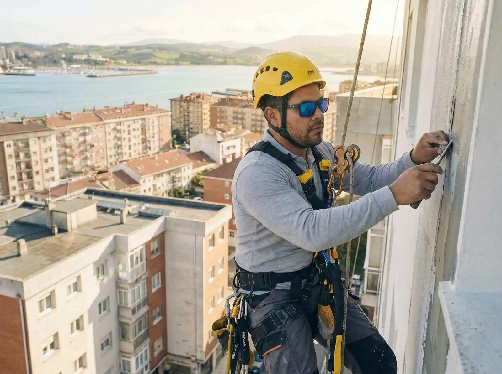 Equipo de operarios posando juntos sobre un edificio